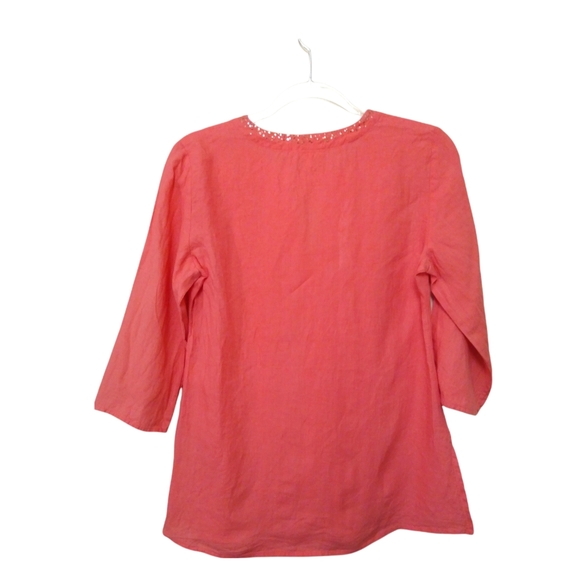 Eileen Fisher Womens Coral Pink 100% Irish Linen Sequin V-Neck Boho Tunic Top XS - Picture 2 of 16
